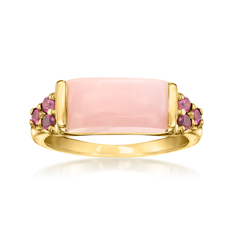 Gold over sterling ring with pink oval gemstone and purple side stones