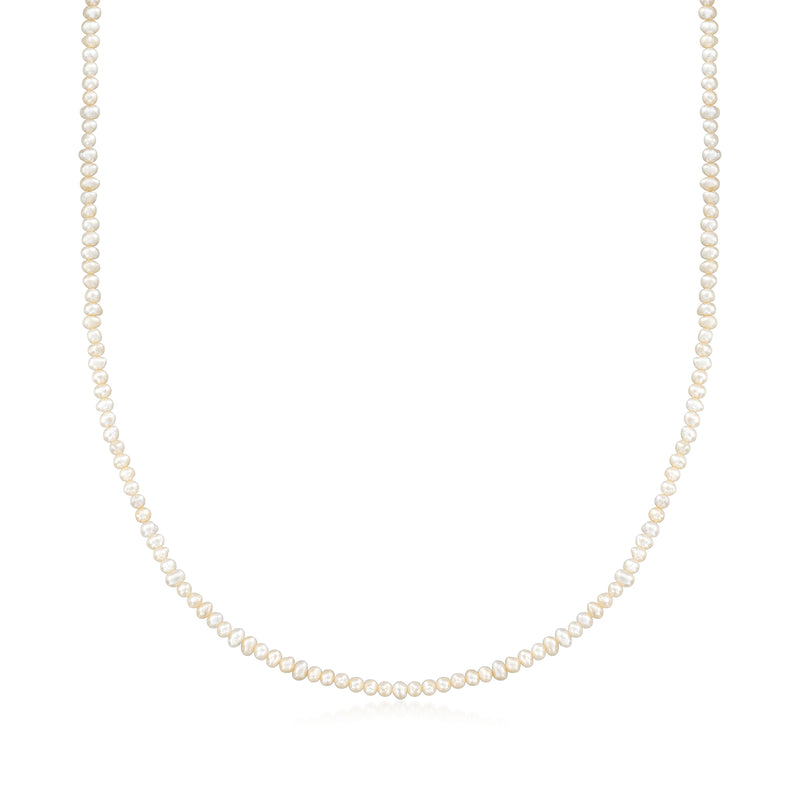 Cultured pearl bead necklace with gold over sterling clasp, single strand of small pearls.