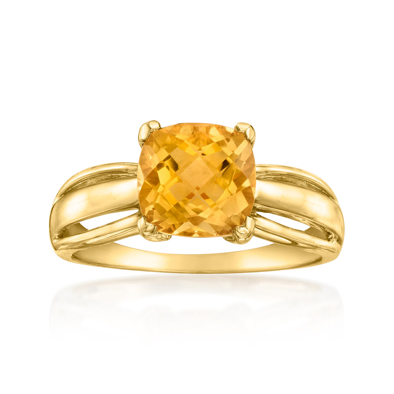 10kt yellow gold ring with large cushion-cut citrine gemstone, four-prong setting