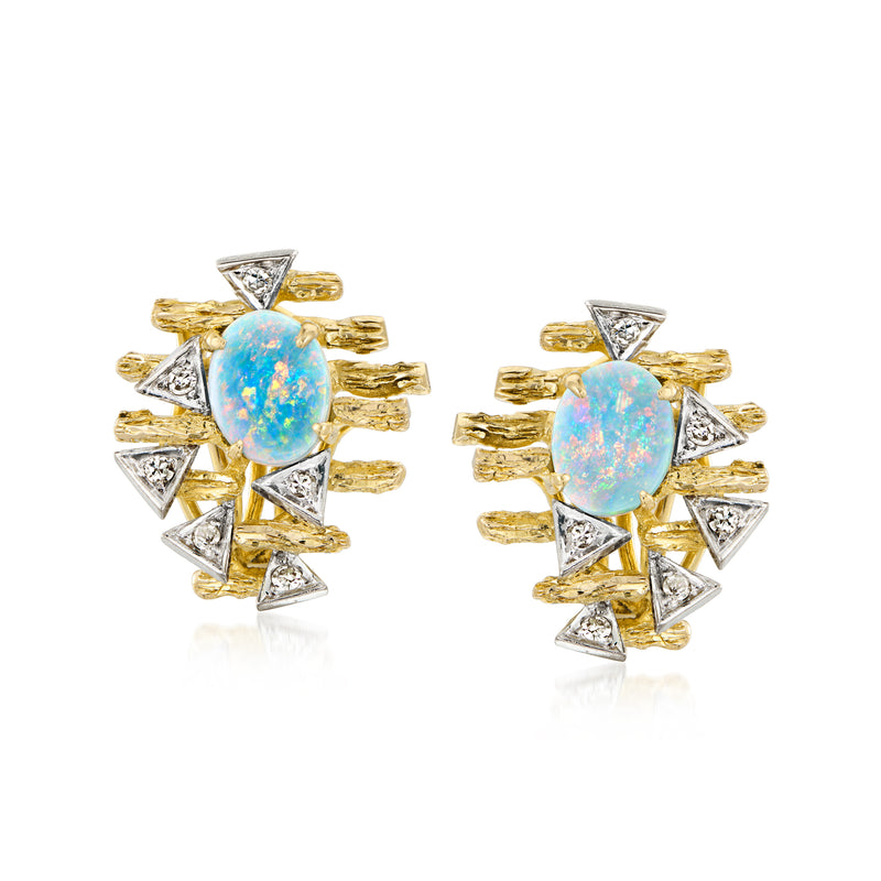 Vintage opal doublet geometric earrings in yellow gold with oval blue opal and diamond triangles