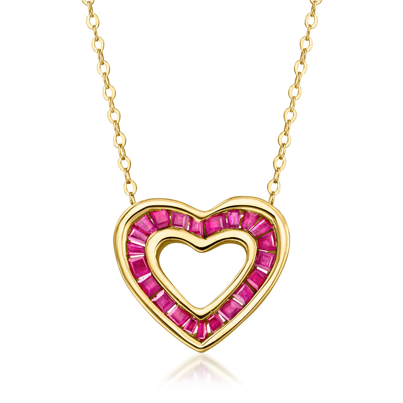 10kt yellow gold heart pendant necklace with pink ruby stones