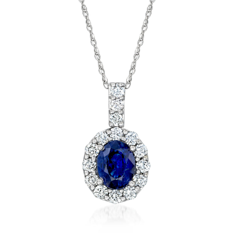 18kt white gold sapphire and diamond pendant necklace with blue center oval