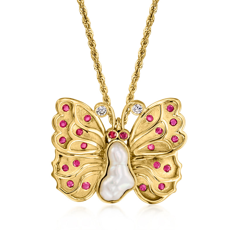 18kt yellow gold butterfly pendant necklace with baroque pearl, ruby and diamond accents