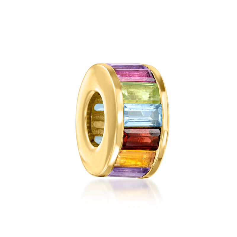 Gold baguette multi-gemstone bead charm with rainbow stones in a tubular setting
