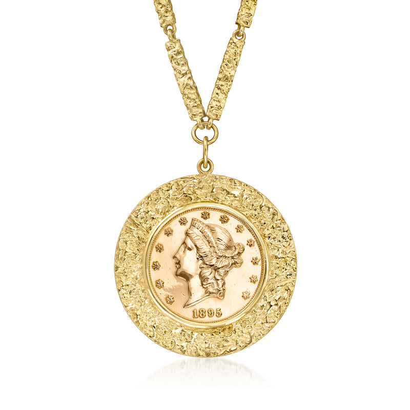 Gold coin pendant necklace with 1895 portrait on round medallion, linked chain