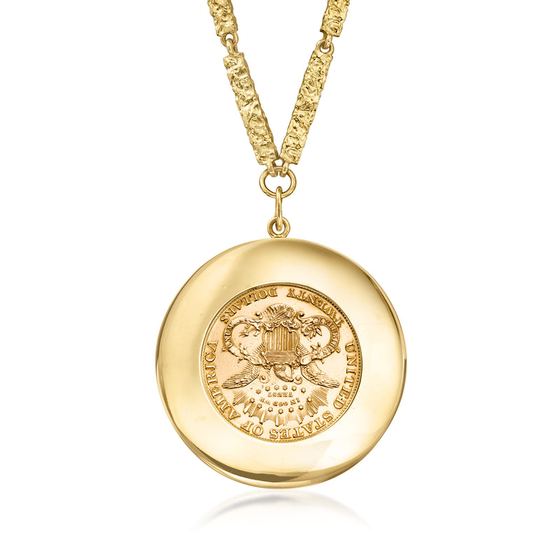 Gold coin pendant necklace with blank-textured round coin back, linked chain