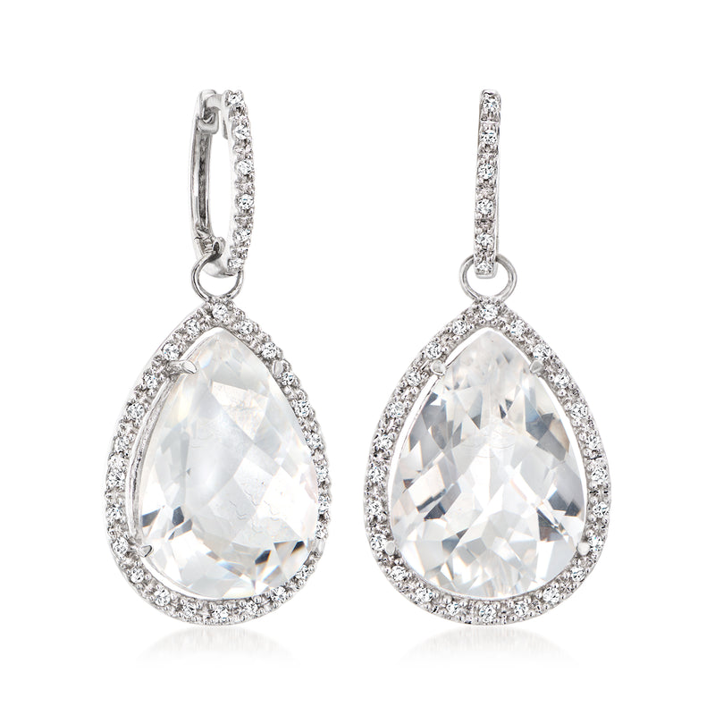 Pear drop earrings in 14kt white gold with clear crystal and diamond halo