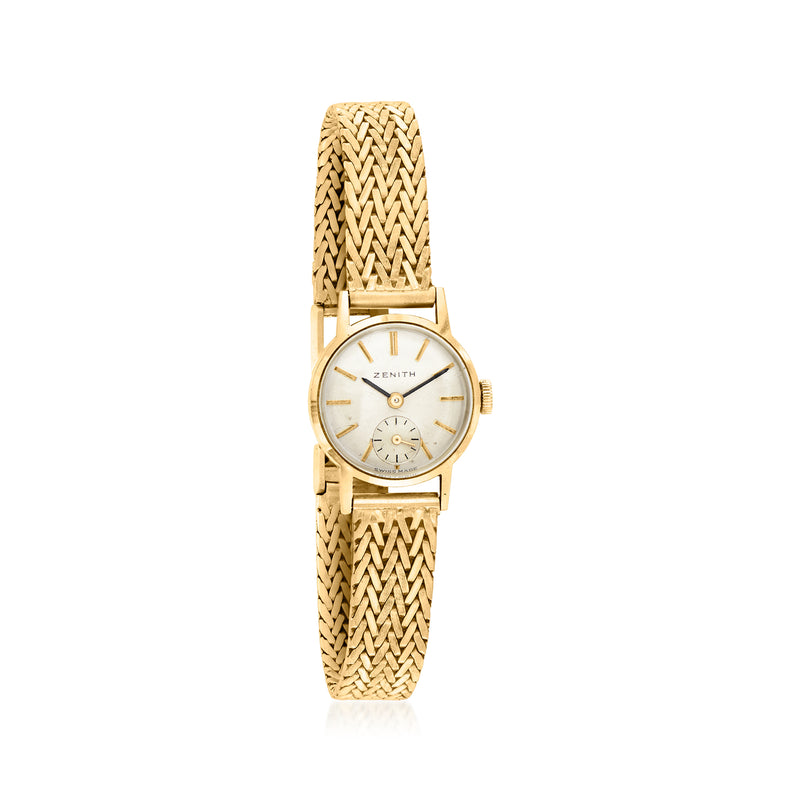 Vintage Zenith 18kt yellow gold wristwatch with woven bracelet and white dial, two subdials