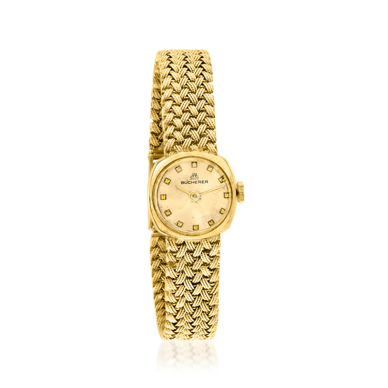 Vintage 18kt yellow gold Bucherer wristwatch with mesh bracelet and round cream dial