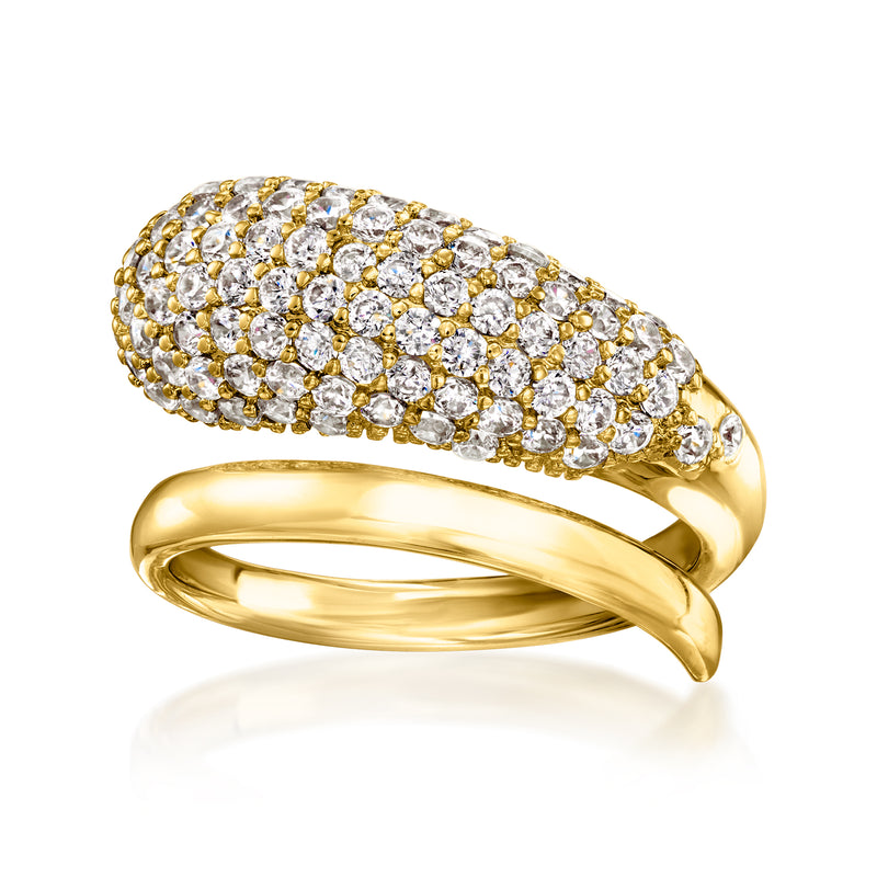 14kt yellow gold-plated bypass ring with pavé CZ stones