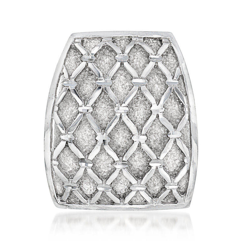 Square white gold lattice slide pendant with sparkling stones, openwork geometric design