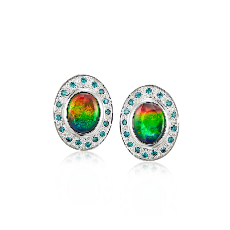 Oval black opal doublet stud earrings with blue diamond halo, white gold, clip/post