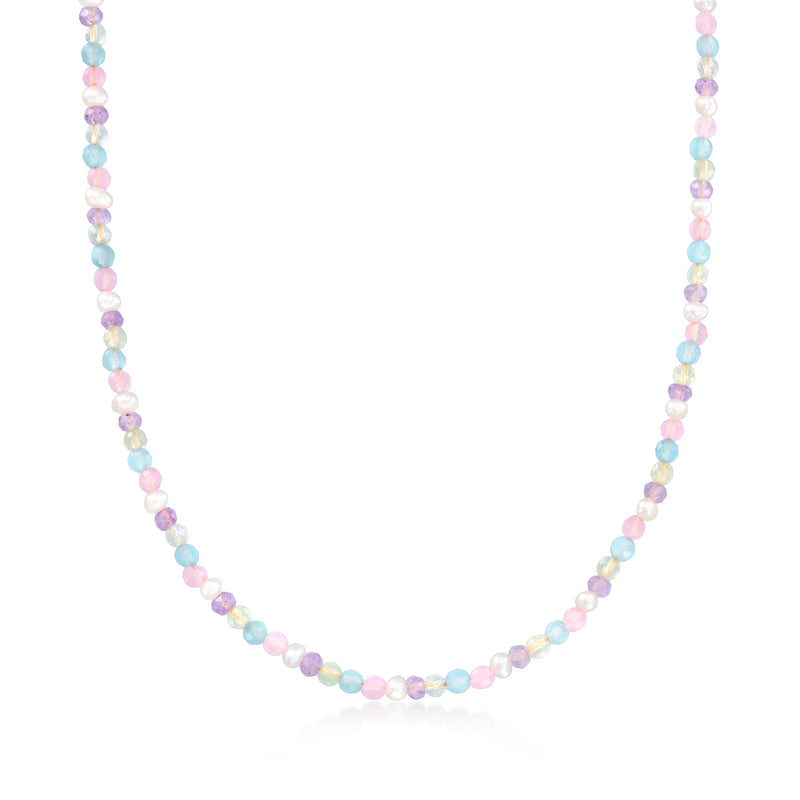 Pastel multi-bead and pearl necklace with 3–3.5mm cultured pearls, gold-tone.