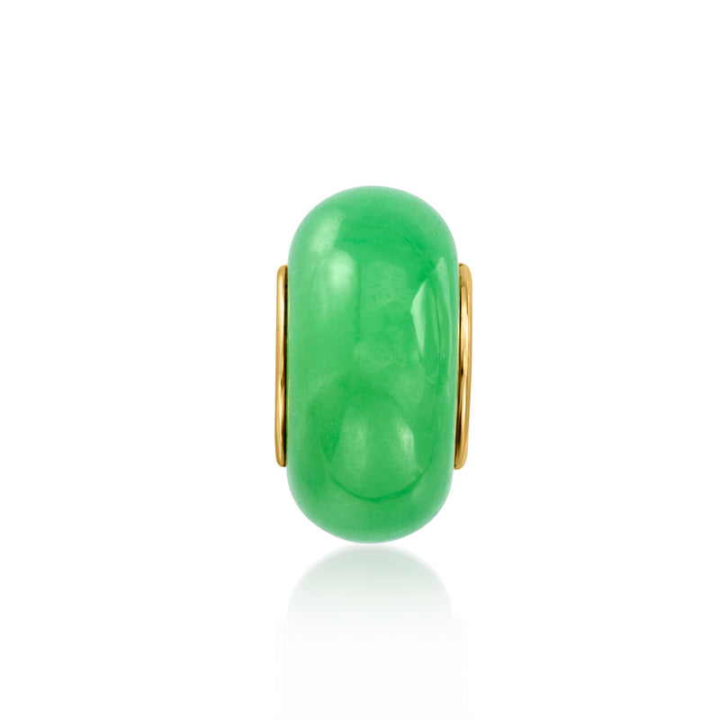 Jade green bead charm with gold-tone capped ends on sterling