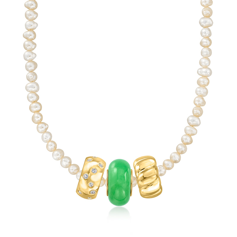 Pearl bead necklace featuring a jade green center bead charm with gold accents