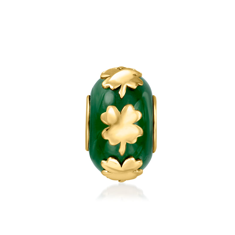 Green jade bead clover charm with gold clover, 18kt gold over sterling