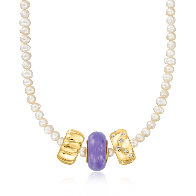 Pearl necklace with gold spacers and central purple oval jade bead charm