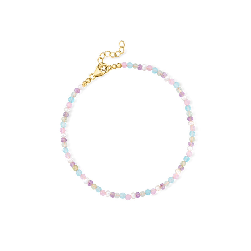 Gold-tone beaded anklet with pastel multi-gem beads and small cultured pearls
