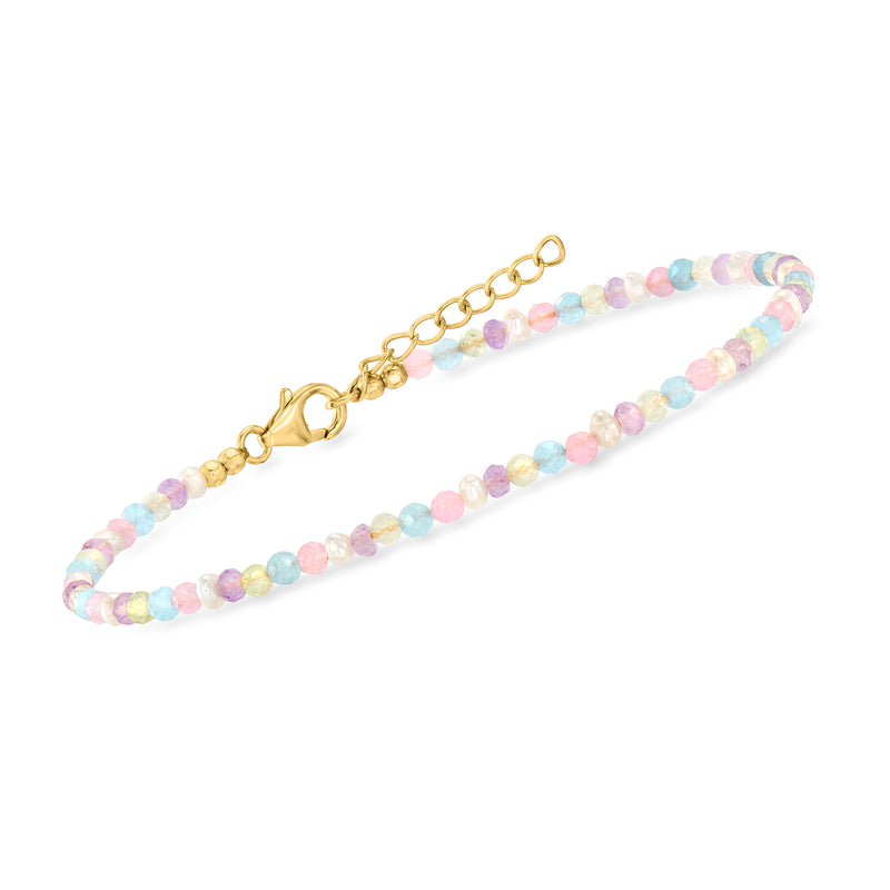 Gold-tone beaded anklet with pastel beads and cultured pearl strand, lobster clasp