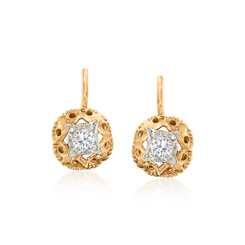 Vintage yellow gold drop earrings with square rock crystal and filigree bezel.