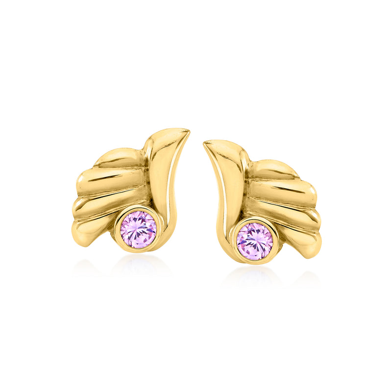 18kt yellow gold tone clip/post earrings with purple round CZ stones