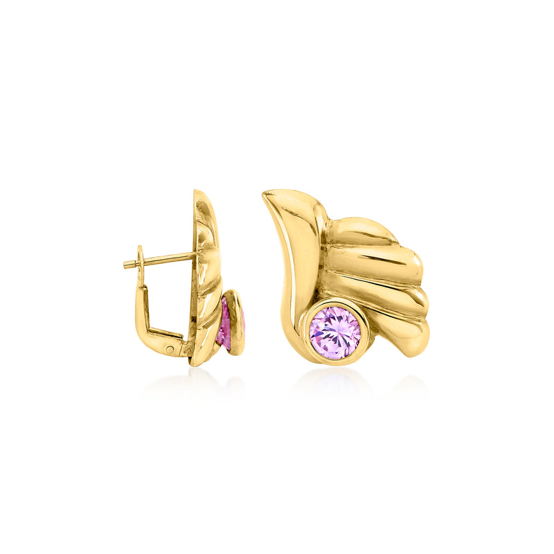 18kt yellow gold tone clip/post earrings, side view with purple round CZ