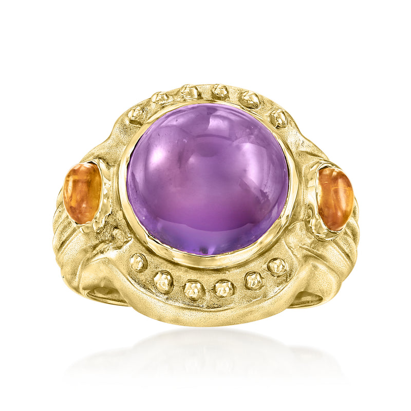 14kt yellow gold ring with oval amethyst center, citrine accents, round side stones