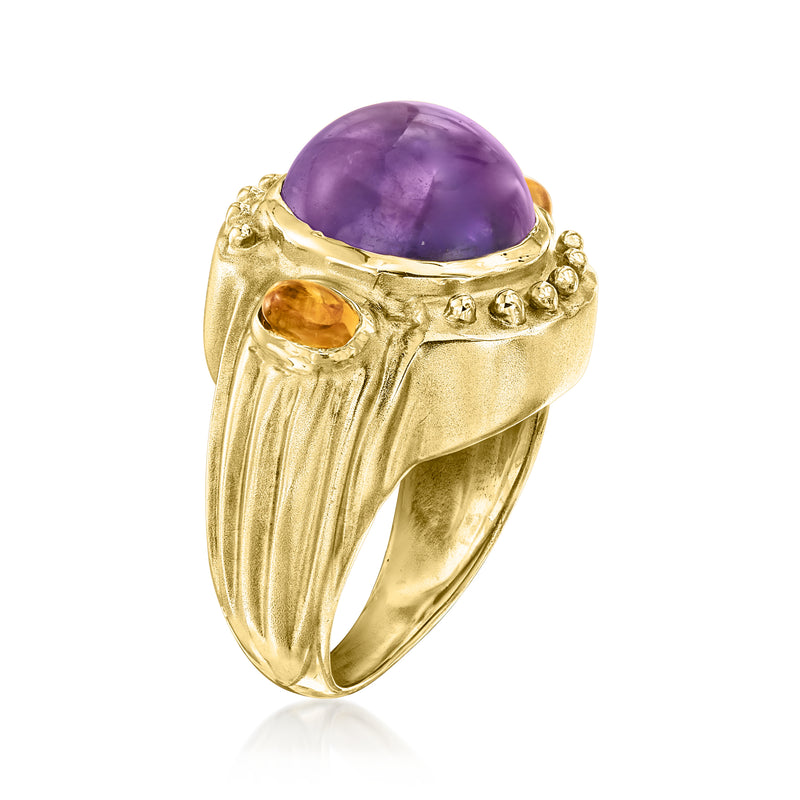 Yellow gold ring side view with oval amethyst cabochon and citrine corner stones