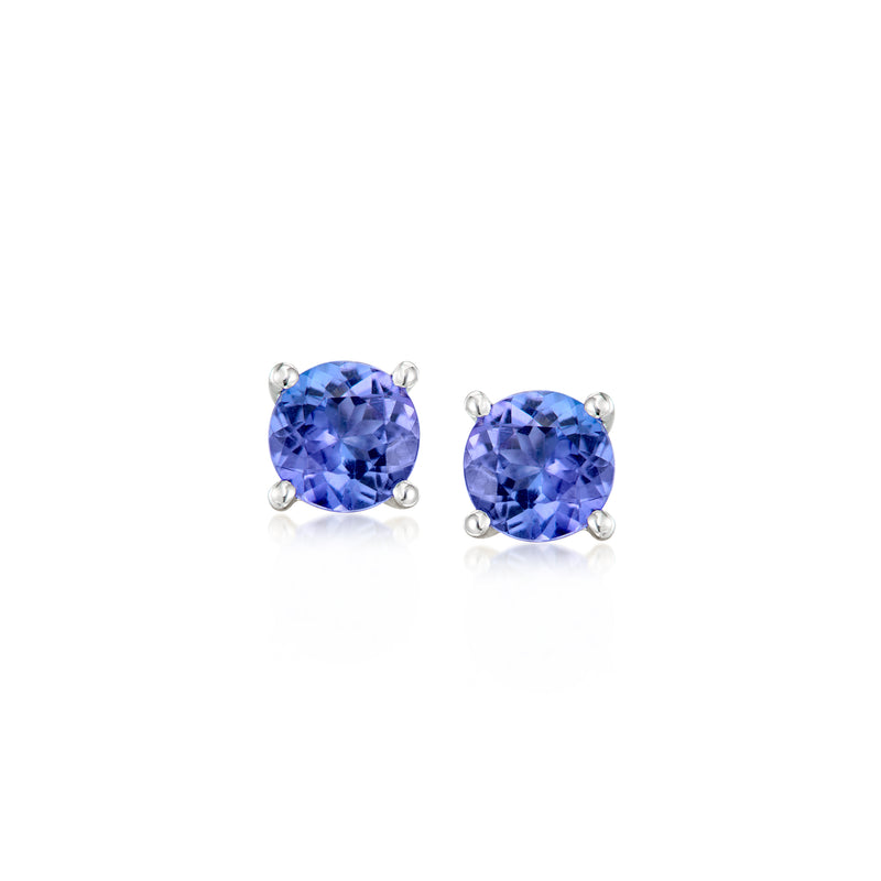 14kt white gold tanzanite stud earrings, round purple-blue stones in four-prong settings