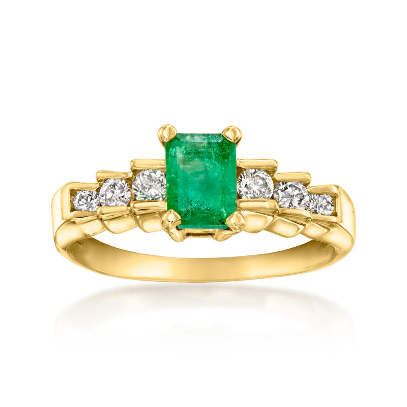 Vintage emerald-cut green gemstone and diamond ring, 14kt yellow gold band