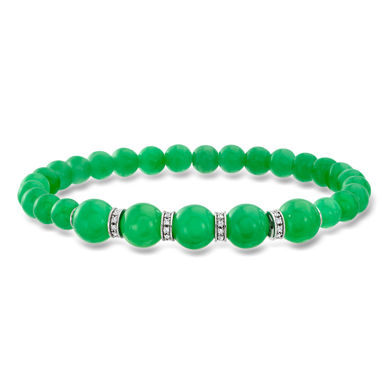 Jade bead stretch bracelet with green beads and sterling silver diamond spacers