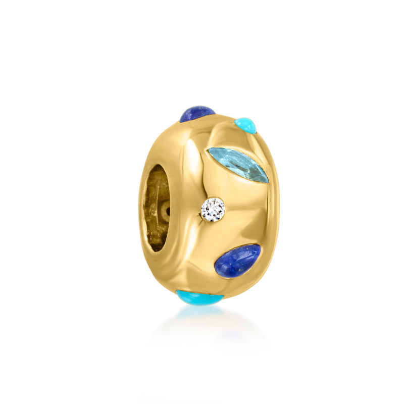 Gold gemstone bead charm with open back and blue, turquoise, and white stones