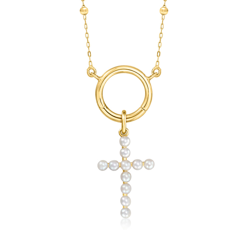 14kt yellow gold cross charm with cultured pearl accent and ring bail