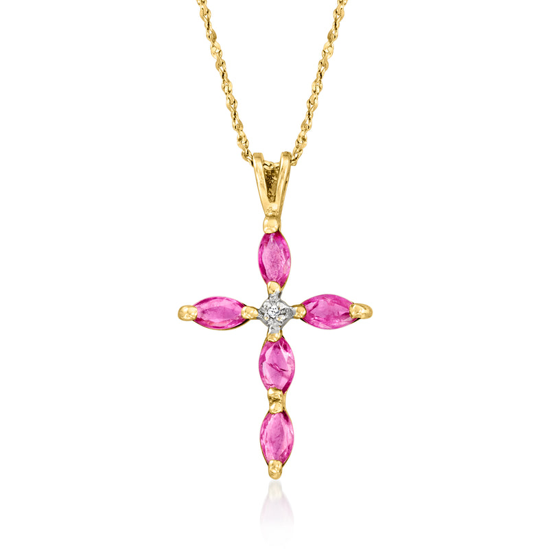 10kt yellow gold cross pendant necklace with pink ruby marquise stones and center diamond
