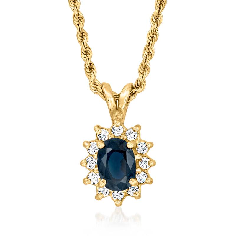 14kt yellow gold sapphire halo pendant necklace with diamond surround