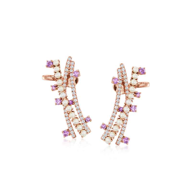 Diamond, amethyst and seed pearl ear climber earrings in rose gold