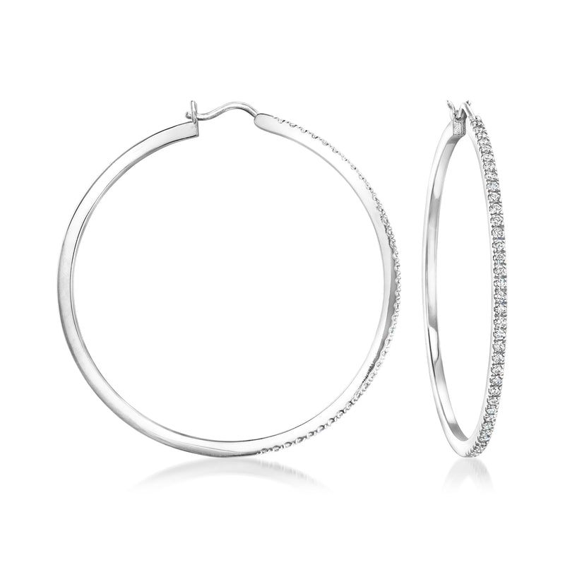 Sterling silver hoop earrings with lab-grown diamonds, shown front and side