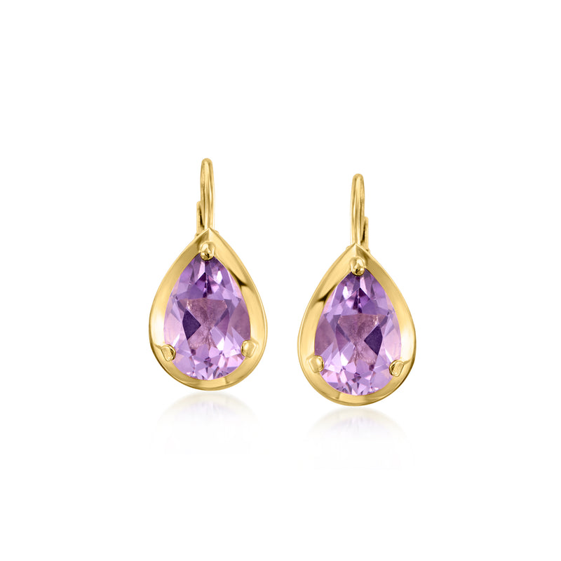 14kt yellow gold amethyst teardrop drop earrings with leverbacks, purple gemstone