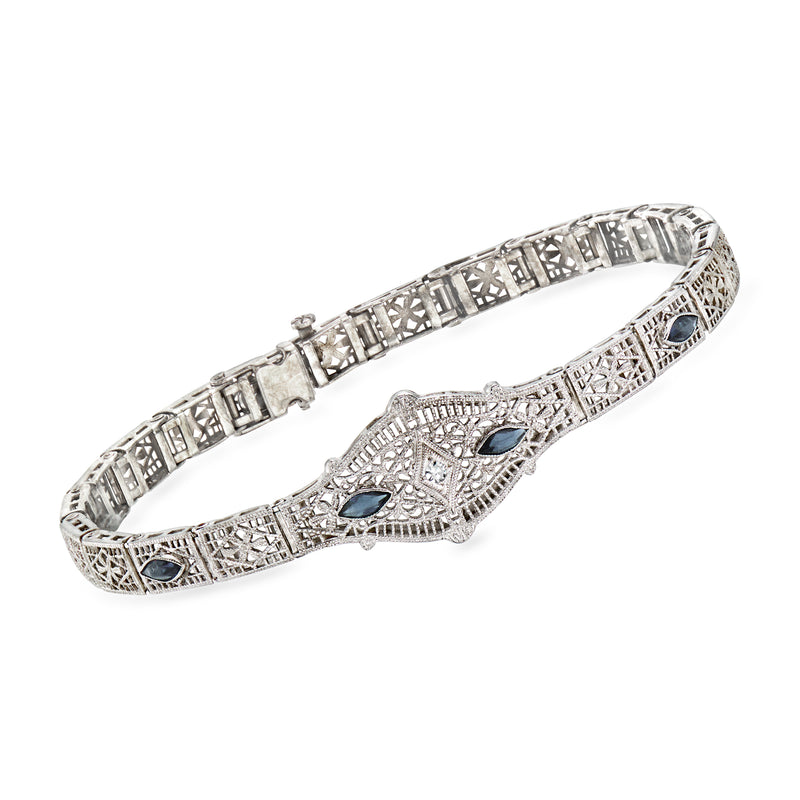 Vintage 10kt white gold filigree bracelet with simulated sapphire and single diamond accents