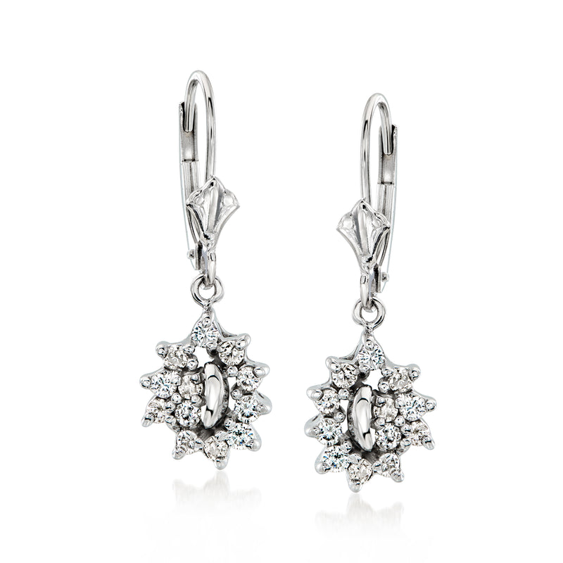 14kt white gold diamond cluster drop leverback earrings with marquise center