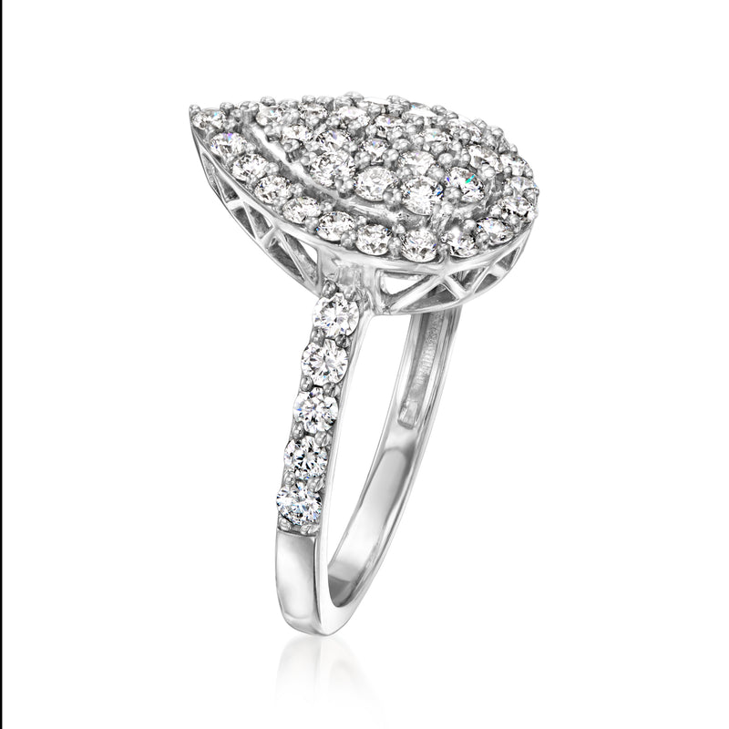 Sterling silver pear-shaped diamond cluster ring with raised prongs basket view.