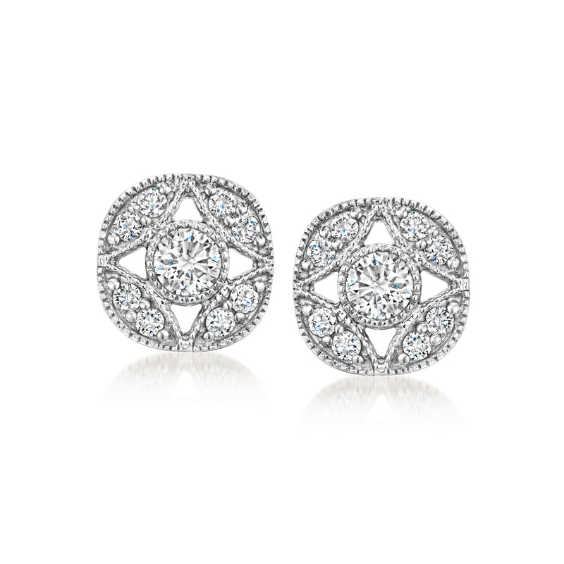 Sterling silver round diamond stud earrings with vintage halo setting, post back