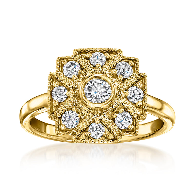 Gold art deco ring with round halo stones and bezel-set center stone, polished band