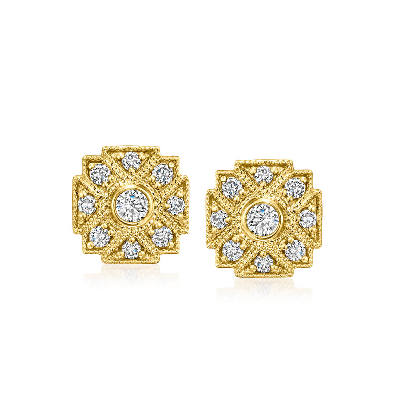 Gold square stud earrings with round center stone and halo of small stones, post back
