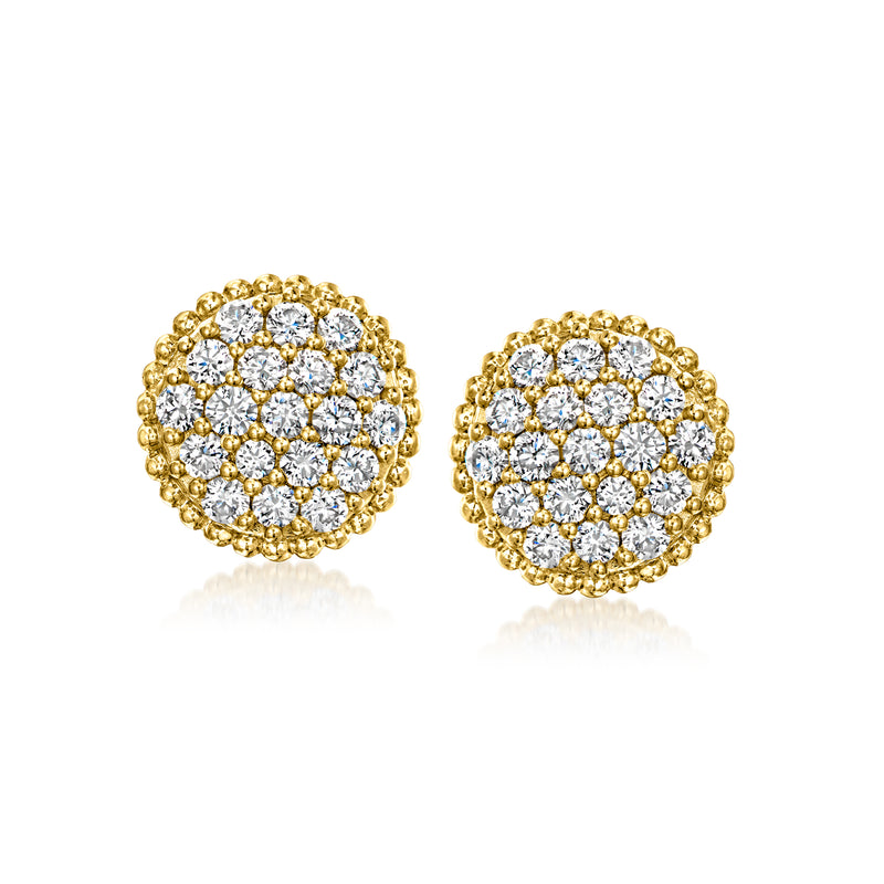 Round diamond stud earrings with gold beaded-edge halo, post back