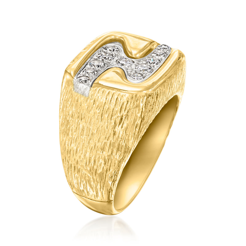Vintage yellow gold diamond zigzag ring, textured band and prong-set stone rows