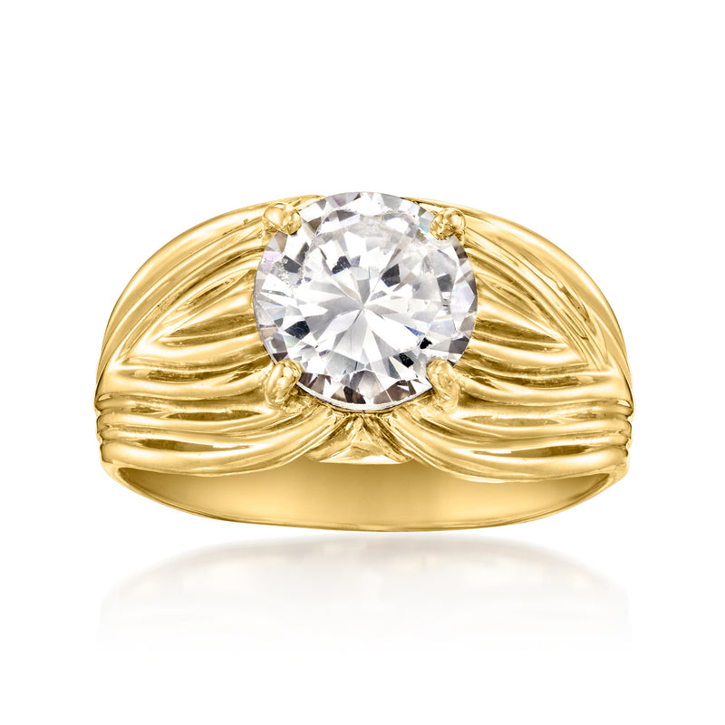 14kt yellow gold vintage ring with large round clear CZ center stone and ridged band