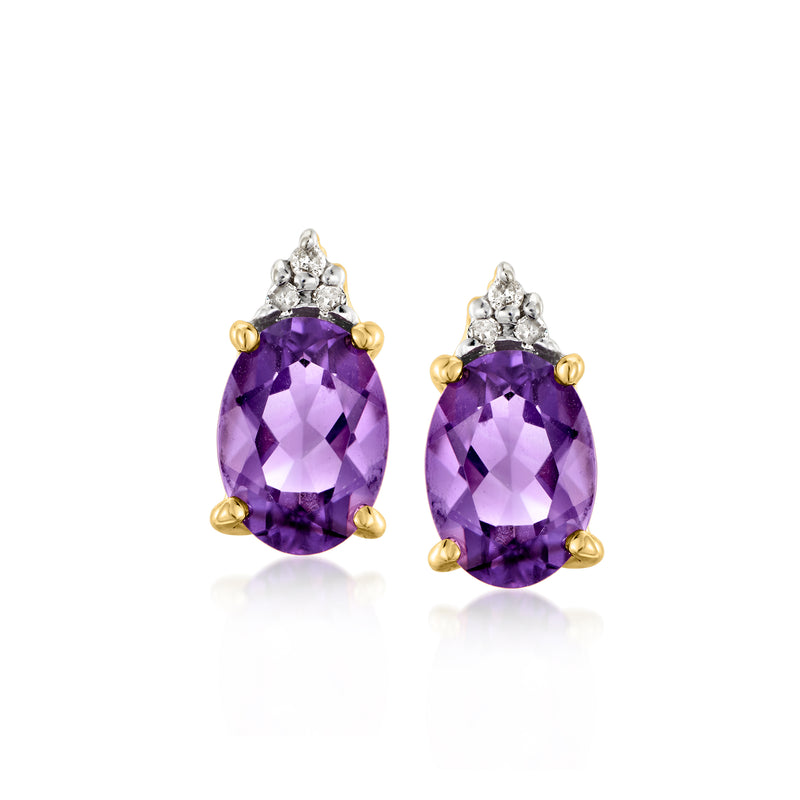 Oval amethyst stud earrings with diamond halo, 14kt yellow gold posts