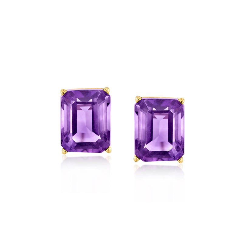 Vintage amethyst stud earrings, 14kt yellow gold posts with square-cut purple gems