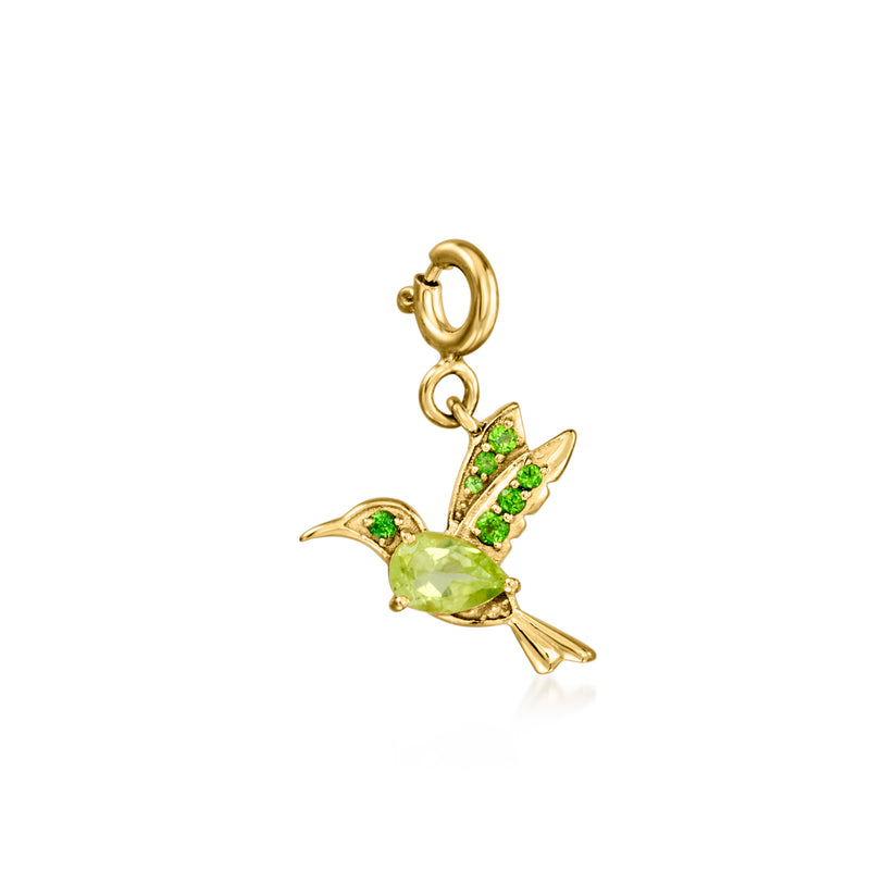 Gold-tone hummingbird charm with green stones and loop clasp